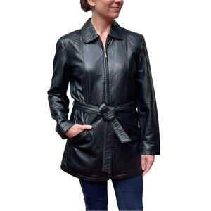 JULIET MICHELLE Y2K LAMBSKIN SHORT BELTED BLACK LEATHER ZIP UP TRENCH CAR COAT